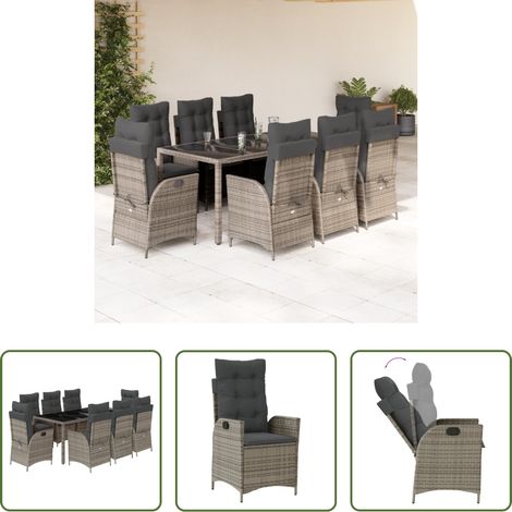Gartentisch - 9-tlg. Garten-Essgruppe mit Kissen Grau Poly Rattan (1/5)