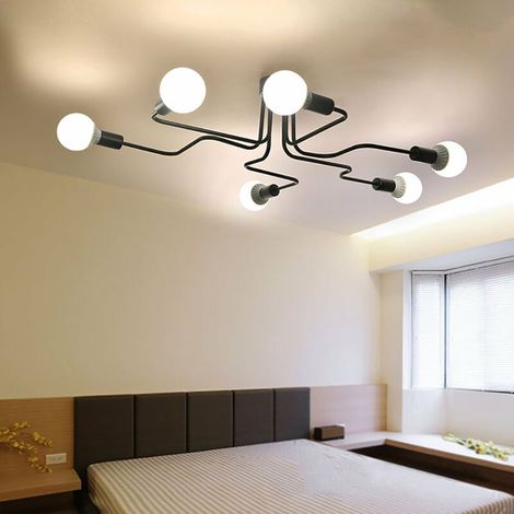 – Plafonnier industriel vintage LED 6 lumières E27 – Métal noir – Design moderne pour cuisine et salon (1/5)