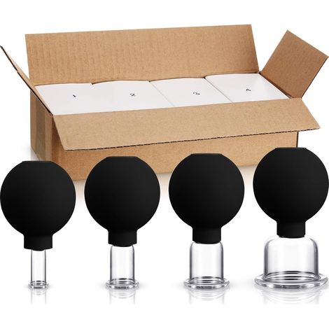 Juego de 4 ventosas de vidrio (vidrio y silicona) para masaje y terapia de vacío: adecuado para cuerpo, rostro, piernas, brazos, espalda y hombros. (1/5)