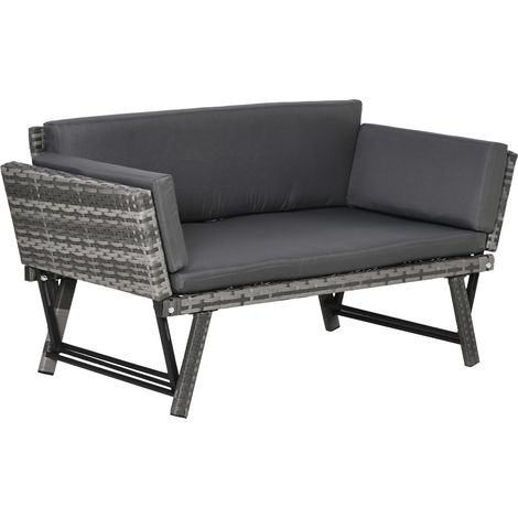 Outsunny Polyrattan Gartensofa 2 Sitzer Gartenmöbel Loungesofa Gartenbank Gartenliege klappbar Armlehnen Stahl Grau 129 x 63 x 67 cm