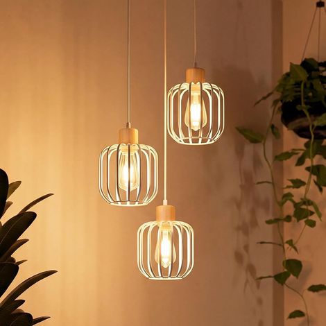 ZMH Suspension E27 3 Lumières, Bois Blanc, Style Moderne, Luminaire pour Salle à Manger et Cuisine (1/5)