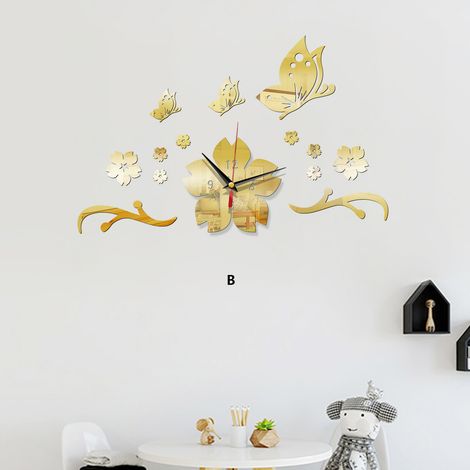 (or) Sans Cadre Horloge Murale, Creative Horloge murale, 3D Sticker Mural, Stickers Muraux DIY, Papillon Miroir Stickers, Décoration Miroir Acrylique, Décoration Mode (1/5)