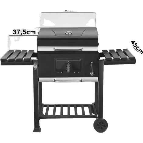 Carro para barbacoa, parrilla de carbón, termómetro incorporado, mango de acero inoxidable, color negro. (1/2)
