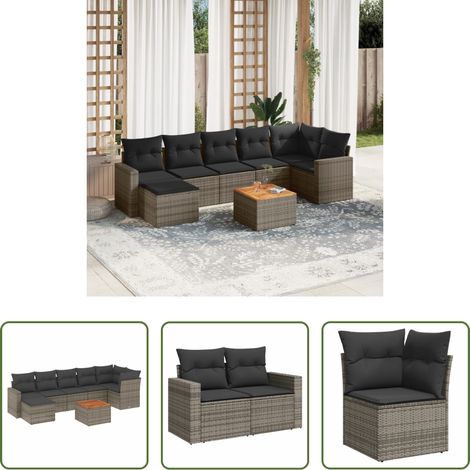 vidaXL Canapé jardin -  Salon de jardin 8 pcs avec coussins gris résine tressée (1/5)