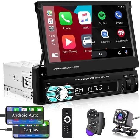 Cellfast – Autoradio Bluetooth 1 Din 7 pouces – Écran tactile rétractable – Carplay et Android Auto – Bluetooth mains libres – Radio FM avec 18 stations (1/4)