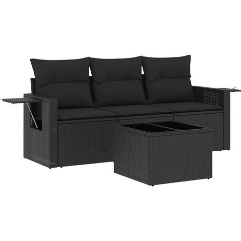 vidaXL Salon de jardin 4 pcs avec coussins noir résine tressée (1/5)