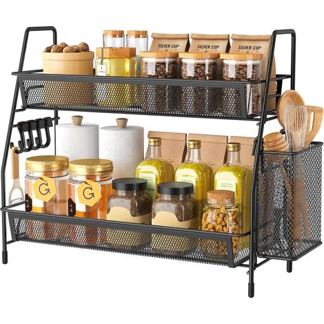 Etagère à épices en Acier Inoxydable, 2 étages, pour Le comptoir de Cuisine, Support en métal pour Le Bureau, la Station de café, Le Rangement des Accessoires de Salle de Bain - Noir (1/5)