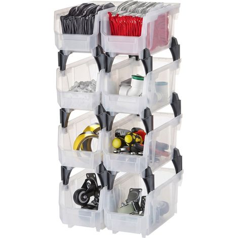 Bac à Bec Empilable Lot de 8 Bacs de Rangement Plastique, 27,6 x 14 x 13 cm, Boites de Rangement pour Placard, Garage, Petites Pièces, Fournitures de Bureau et Autres Accessoires, Transparent (1/5)