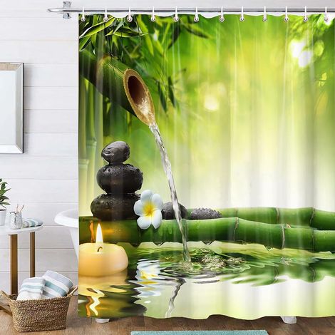 Rideau de Douche Anti Moisissure Galet Zen Imprimé Rideau Douche Tissu Imperméable Polyester 200x200 cm 3D Orchidee Bambou Rideaux de Douche Baignoire Lavable Machine avec Crochets Vert (1/5)