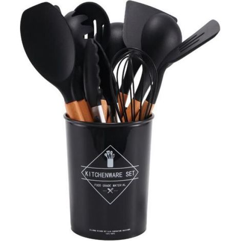 Ustensiles De Cuisine En Silicone - Manche Bois - 11 Pièces - Noir (1/4)