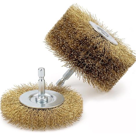 Brosse métallique pour Perceuse. Lot 2 Brosse en Laiton rondes 80 x 75 mm et 75 x 10 mm Tige Hexagonale. Brosses de Poncage Nettoyage Bois Métal Acier Peinture (1/5)