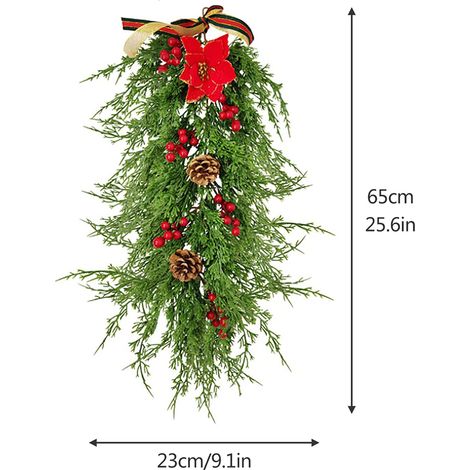 Guirlande de branches de pin de Noël, baies rouges d'hiver et pommes de pin mélangées, à suspendre pour la porte d'entrée, la cheminée ou la maison. (1/5)