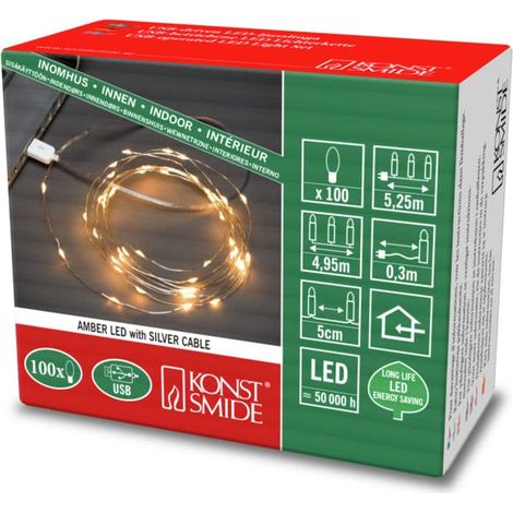 Guirlande lumineuse à micro-LED, avec connexion USB, 100 diodes de couleur ambre, Intérieur (USB), Fil de couleur argent - 1771-890 (1/4)