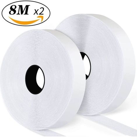 Ruban auto-agrippant, 8 mètres, autocollant, avec support autocollant, 20 mm de large (20 mm x 8 m, blanc) (1/5)