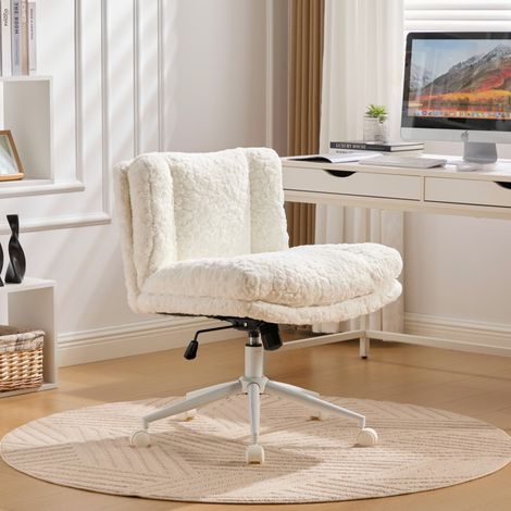 Chaise de bureau avec assise XL - 63x67x94cm - base en métal - pivotante et réglable - en poils de lapin artificiels - crème