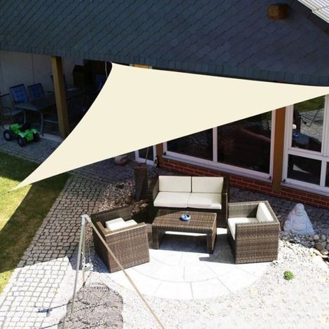 Voile d'ombrage triangle 2,4m - Imperméable, UV50+, séchage rapide, beige-blanc (1/5)