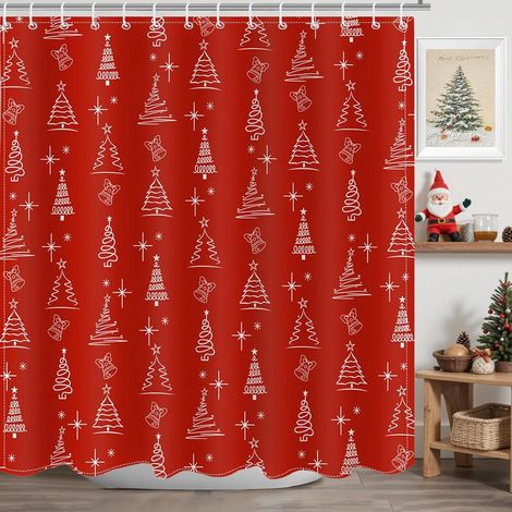 Rideau De Douche Noël - Arbre De Noël Rouge - Imprimé Sapin Et Boules - Tissu Imperméable - 183 X 183 Cm - 1 Pièce (1/5)