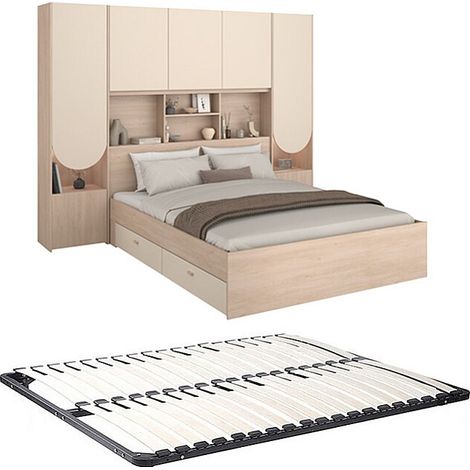 Lit pont 140 x 190 cm avec rangements - Avec LEDs - Coloris : Beige et naturel + Sommier - DOMELITO