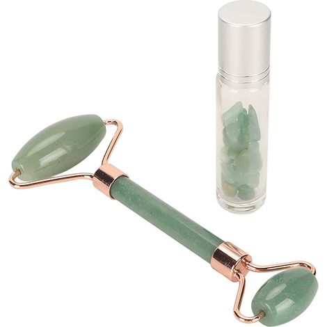 Rouleau facial Jadestone anti-rides, drainage lymphatique et lifting visage, avec flacon d'huile essentielle, vert (1/5)