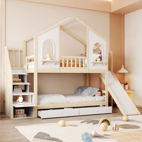 Litera infantil 90x200 cm blanco y madera, de madera con tobogan y almacenaje (1/5)