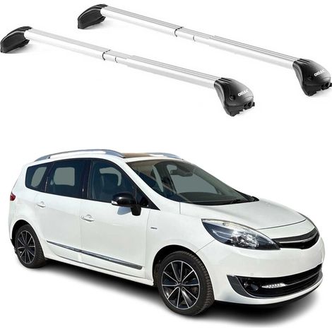 OMAC Barres de toit transversales certifiées TÜV pour Renault Scenic III 2009-2016 – Verrouillables (4 antivols) – Charge max 100 kg – Sangle inox + protection caoutchouc Argent (1/4)
