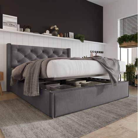 Cama doble tapizada 140x200 cm moderna con cabecero acolchado, arcón abatible, somier de láminas y acabado gris (1/5)