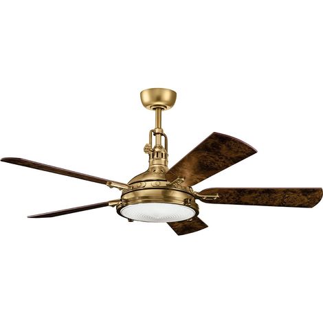 Elstead Hatteras Bay Ventilateur de plafond 142 cm avec lumière LED variable 3000 K, laiton antique bruni, télécommande