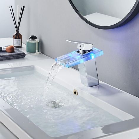 Rubinetto per lavabo in vetro con cascata a LED - Rubinetto per acqua calda e fredda - 3 colori variabili - Corpo in ottone (1/4)