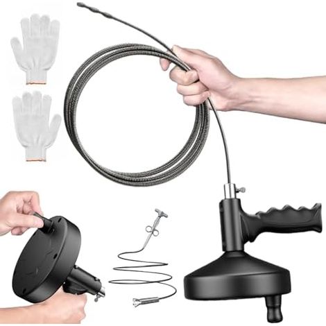 Spirale de nettoyage canalisations 10 m, avec adaptateur perceuse et gants, kit déboucheur flexible, spirale professionnelle pour tuyaux d'égout bouchés, réutilisable - (1/5)