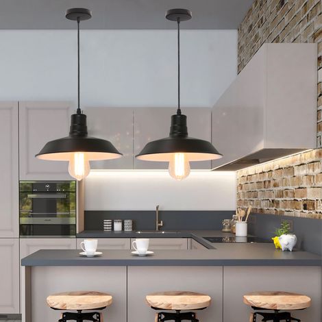 2X Lampada a Sospensione Vintage, Lampada da Soffitto con Ø26cm Paralume in Metallo, Industriale Stile Illuminazione Supporto Edison E27 per Corridoio Cucina Isaland Camera da Letto Scala (Nero e Bian (1/5)