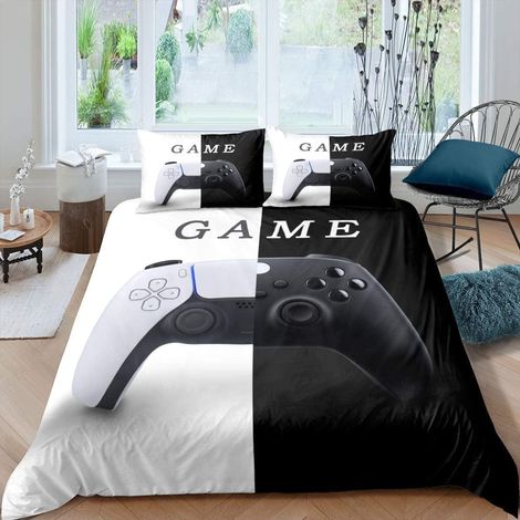 Ensemble de literie Gamepad Noir Blanc Gamer Housse de Couette Ensemble pour Jeunes Gamepad Couple Design 3 pièces Ensemble de lit 200x200cm Moderne Jeu vidéo Boutons d'action léger - 200x200cm (1/5)