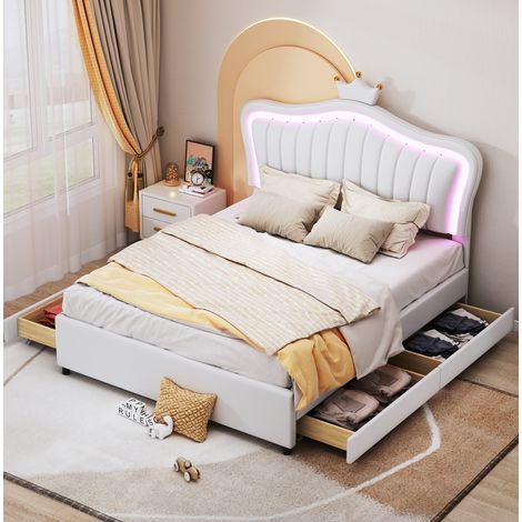 Cama infantil tapizada en polipiel blanca 140x200 cm con 4 cajones, LED y somier de láminas (1/5)