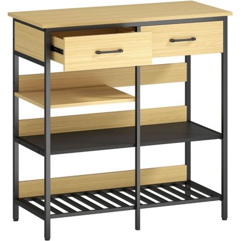 Credenza, cassettiera con 2 cassetti, 3 ripiani a giorno, mobile da cucina per soggiorno, 90 x 40 x 91 cm, legno naturaleSul posto