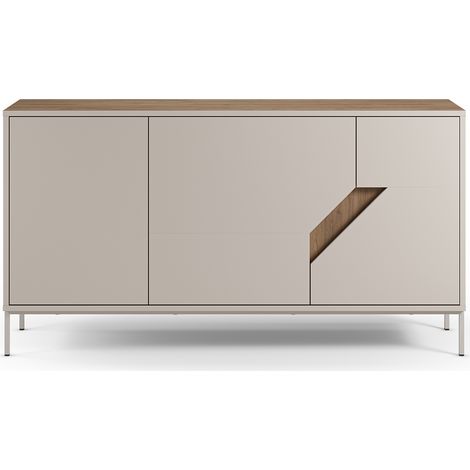 Buffet, commode de rangement avec 3 portes aspect bois coloris chêne, crème - Longueur 150 x Profondeur 40 x Hauteur 80 cm (1/5)