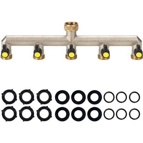 Faucet Splitter avec 5 Voies Raccord Tuyau d'arrosage,3/4" Laiton Adaptateur Tuyau Faucet pour Exterieur Jardin Arrosage Raccord Embout Robinet Connecteur Multi - Robinet Avec 5 Vannes On/Off (1/5)
