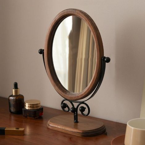 Miroir de bureau ovale en bois avec support pour salle de bain, chambre à coucher (marron - pieds noirs) (1/5)