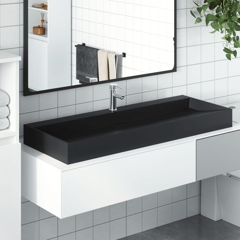 Lavabo 120 x 46 x 11 cm, en fonte minérale/marbre, noir mat