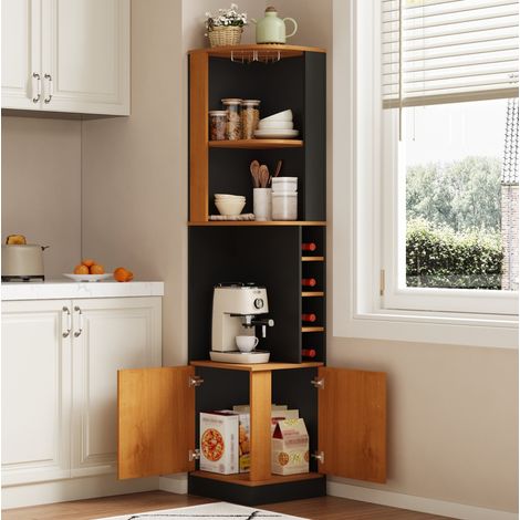 REDOM mueble bar esquinero 40x40x182 cm, con soporte para copas y 4 botelleros, MDF negro (1/5)