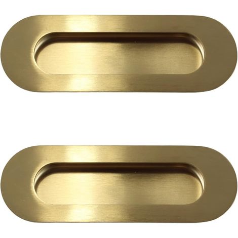 Lot de 2 poignées de meuble, poignées encastrées ovales en acier inoxydable pour portes coulissantes, avec vis invisibles, pour tiroirs, placards et armoires (dorées) (1/5)