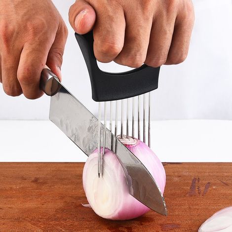 Aiguille à oignon en acier 14x9.3cm noir, support de coupe sécurisé, trancheuse cutter tomate fourchette de sécurité, couteau à légumes de cuisine à main (1/5)
