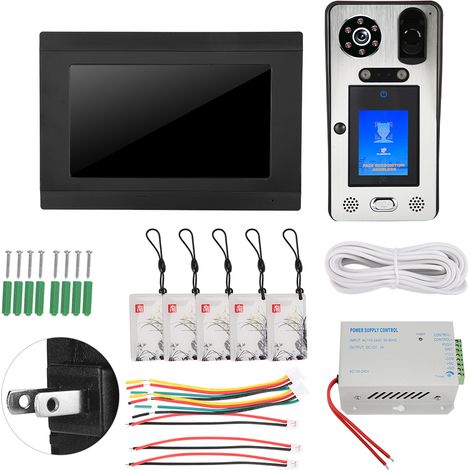 Sonnette vidéo filaire 1080P 7 pouces WiFi avec reconnaissance faciale, empreinte digitale, mot de passe, RFID, interphone de porte 100-240V US (1/5)