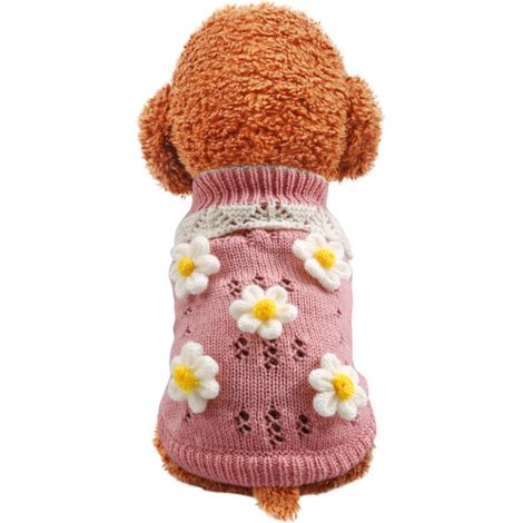 1 pull pour chien, en maille polyester, doux et chaud, avec fleurs en relief, rose, taille S/M/L (1/5)