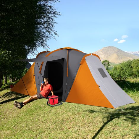 Tente tunnel, tente de camping imperméable 2000 mm pour 4 à 6 personnes, avec 2 chambres, un espace de vie et un sac de transport, gris et orange.
