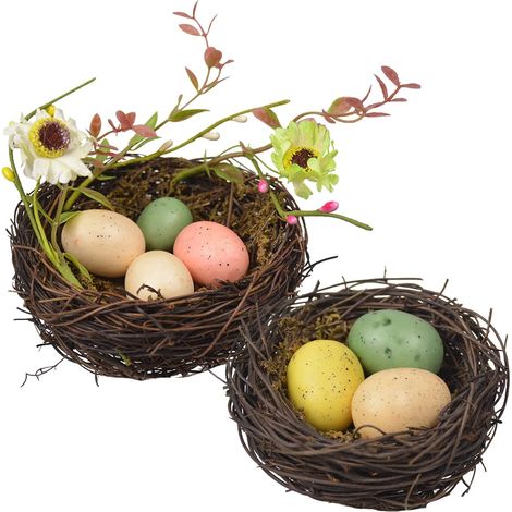 2 Set Nid d'oiseau,Œuf moucheté,Rotin,Mousse,Décoration maison,Jardin,Fête de Pâques (1/5)