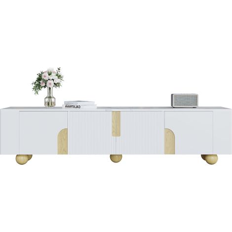 Meuble TV Blanc 180 Cm, 4 Portes, Design Élégant, Surface Effet Marbre, Pieds En Bois Sphériques (1/5)