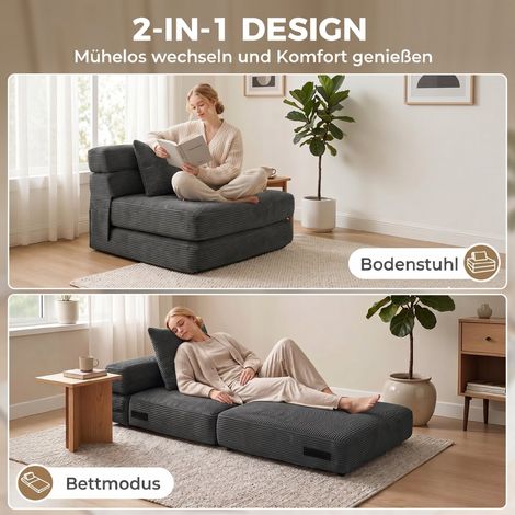 Canapé-lit 2-en-1 sans os nuage pliable, fauteuil inclinable avec tissu velours côtelé et coussin lombaire, gris foncé (1/5)