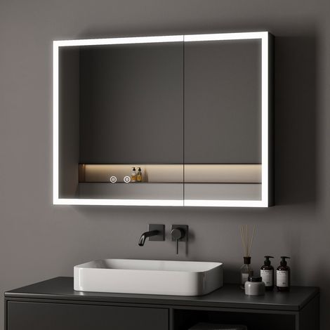 80x60 cm Spiegelschrank Bad mit Beleuchtung LED Spiegelschrank mit Beleuchtung Badspiegel Schwarz mit Beleuchtung Badschrank Hängeschränke mit 3 Einstellbare Lichtfarben Beschlagfrei, Schwarz