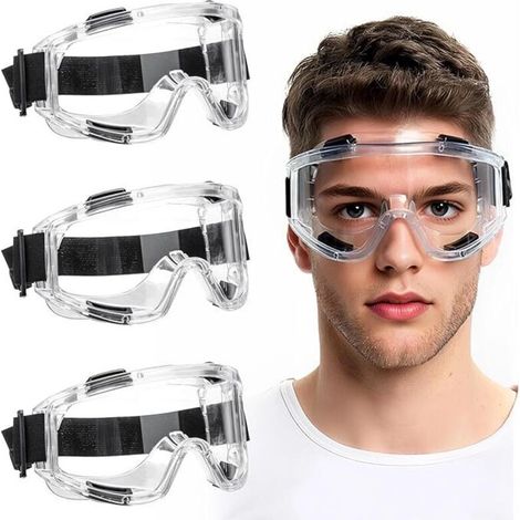 Lot de 3 Lunette Protection, Lunettes de Protection Anti-buée, Lunettes de Sécurité Anti-rayures, Aérées, Bandeau Réglable, pour Bricolage, Travaux, Laboratoire et Porteurs de Lunettes (1/5)