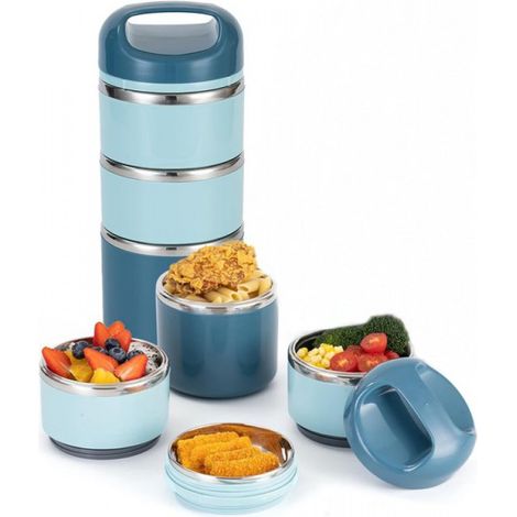 Lunchbox – Lunchbox für Erwachsene – Suppenschüssel – Edelstahl – Drei Fächer – Ideal für die Zubereitung von Mahlzeiten unterwegs, stapelbare Lebensmittelbehälter – Blau (1/5)
