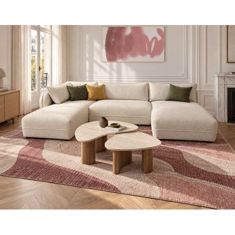 Lucien - canapé panoramique d'angle gauche 7 places en tissu bouclette - beige (1/5)
